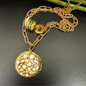 COACH Gold-tone Mother of Pearl Logo Green Enamel Pendant Layered Necklace 28.1g